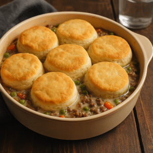 Freshly baked cheesy casserole in a cast iron skillet