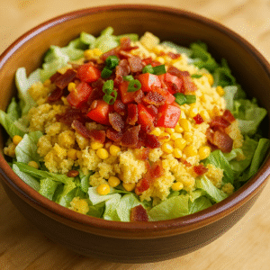 Colorful creamy cornbread salad with tomatoes and green onions