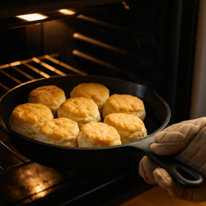 Biscuits baking in a cast iron skillet inside an oven